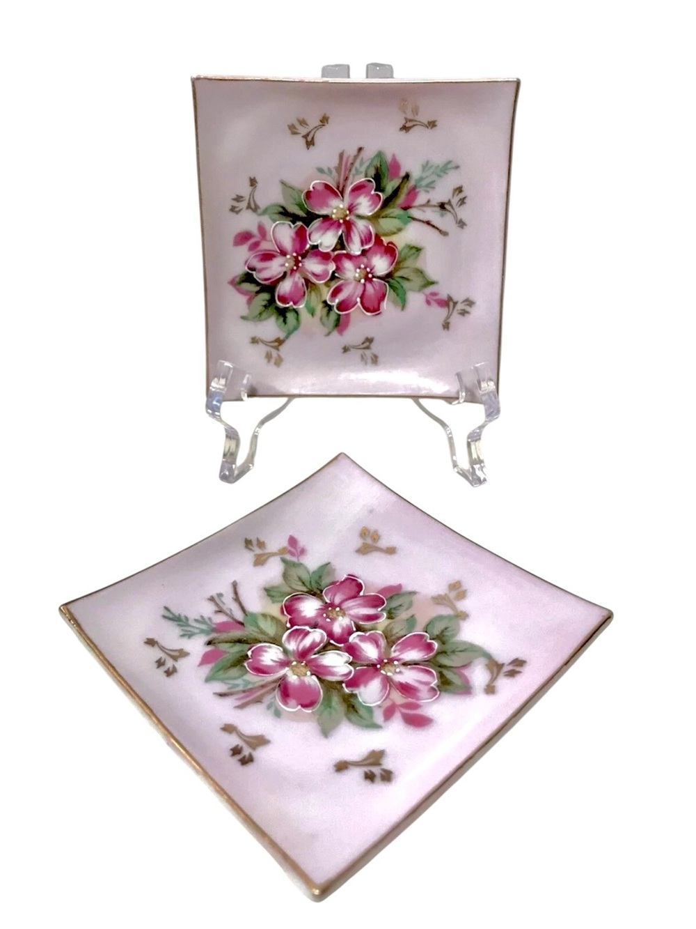 Andrea By Sadek Vintage 1950’s Hand Painted Dogwood Blossoms 2 Miniature Dishes